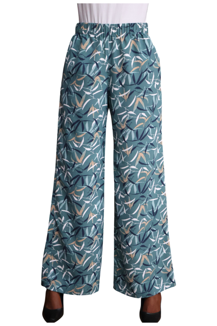 Wide leg bamboo print pants with elastic waist band
