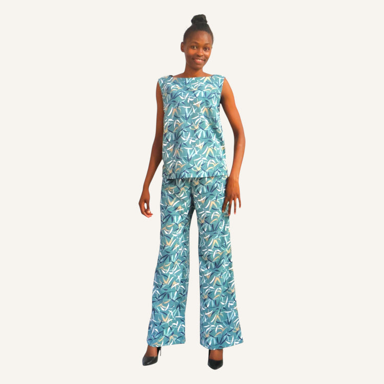 Wide leg bamboo print pants with elastic waist band