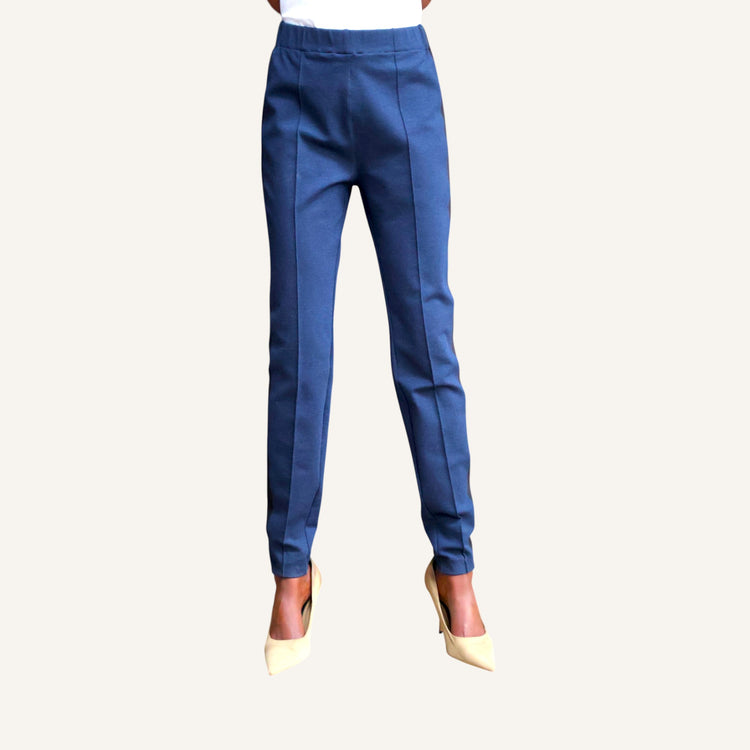 Skinny leg pin tuck pants with a strip and elastic band