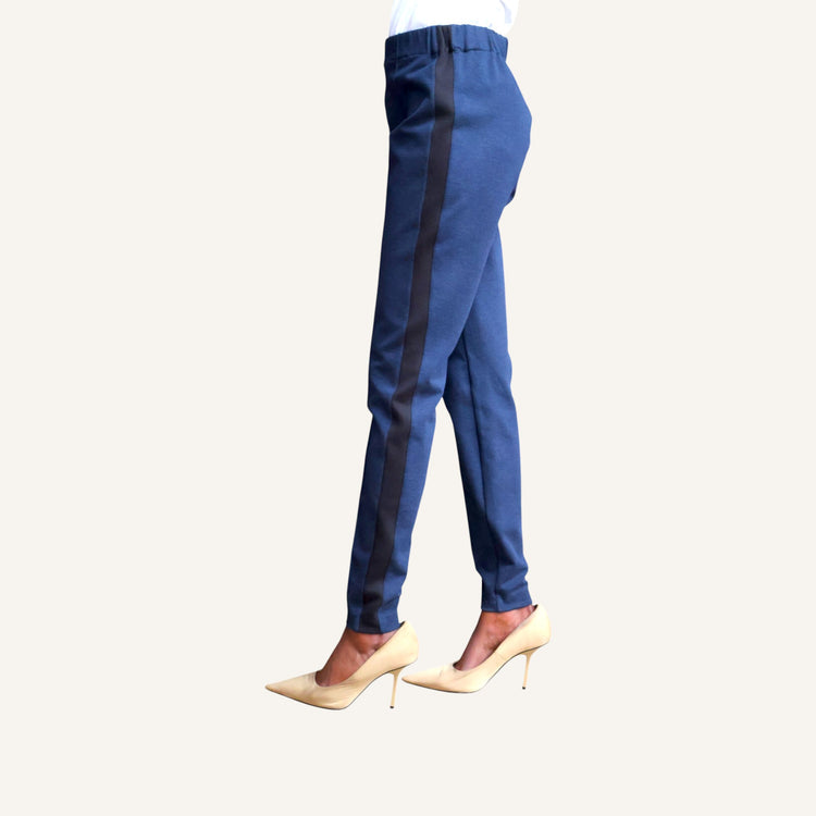 Skinny leg pin tuck pants with a strip and elastic band