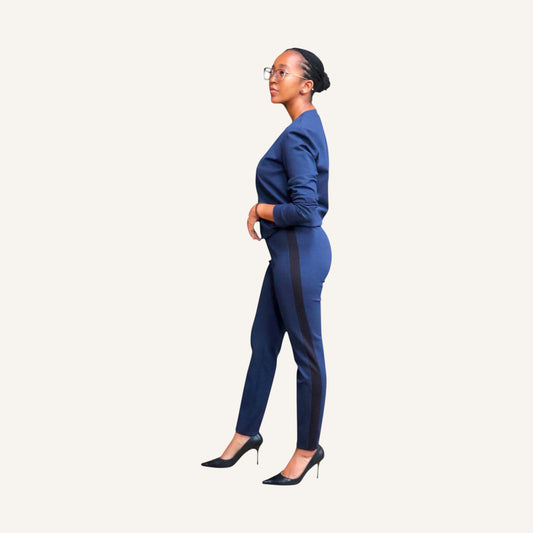 Skinny leg pin tuck pants with a strip and elastic band