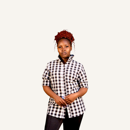 Ruffled collar button down check shirt with short sleeves