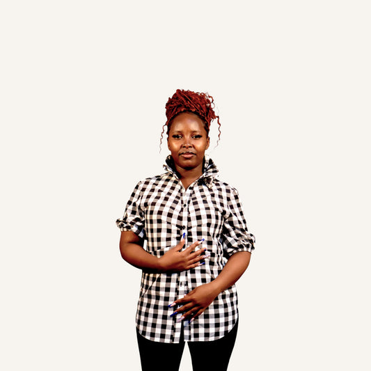 Ruffled collar button down check shirt with elastic short sleeves