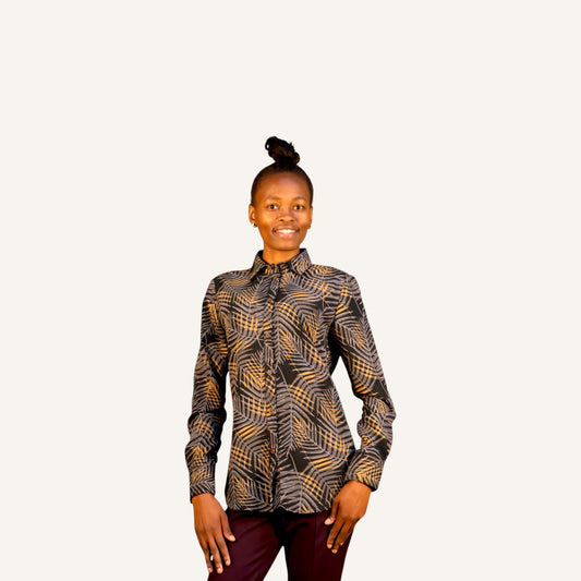 Black bamboo print button down long sleeved shirt