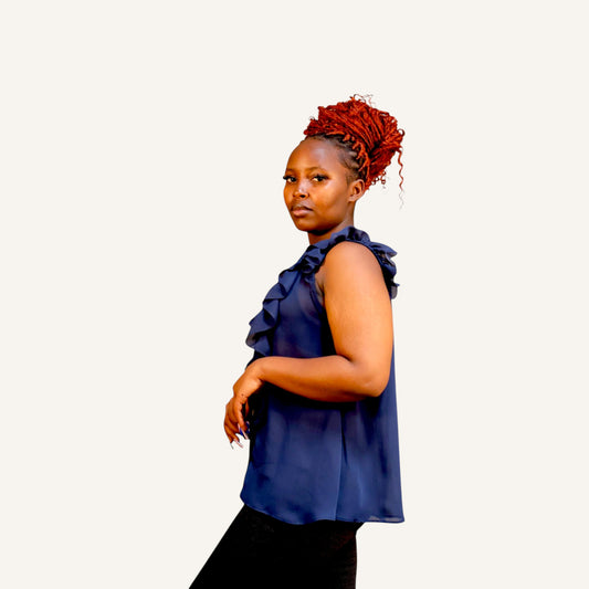 Ruffled navy blue sleeveless button down chiffon top