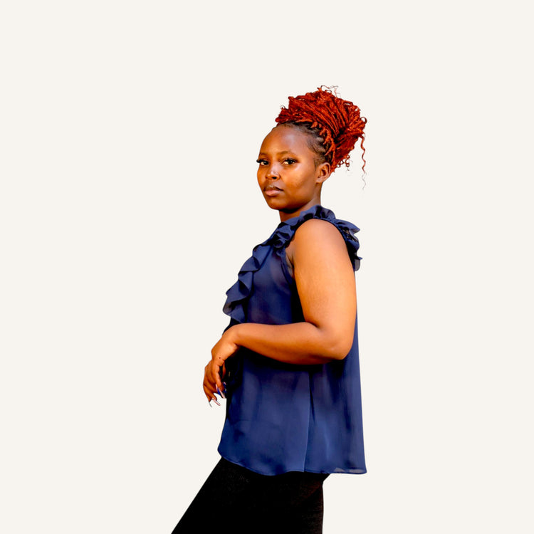 Ruffled navy blue sleeveless button down chiffon top