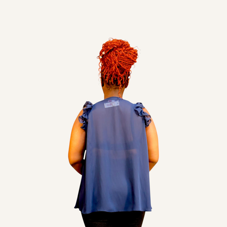 Ruffled navy blue sleeveless button down chiffon top